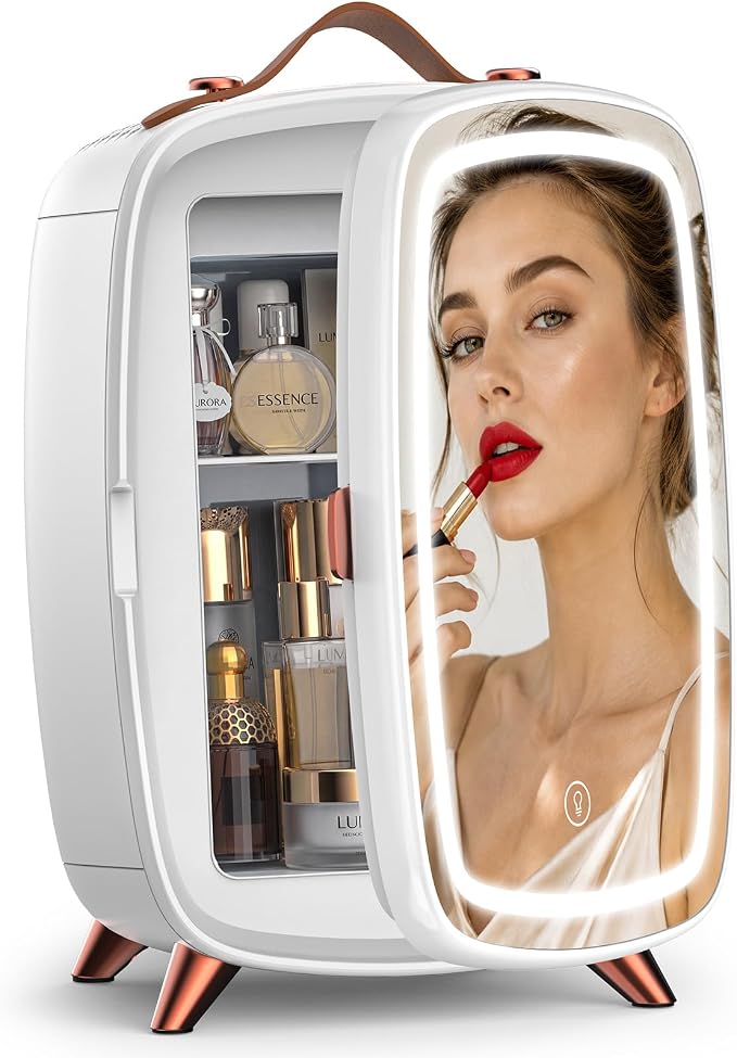 COWSAR Mini Fridge for Bedroom with Dimmable LED Light Mirror, 6 Liter/8 Can Skincare Fridge with Top leather handle, Portable Small Refrigerator Cooler for Cosmetic, Beverage and Food, Dorm, Office