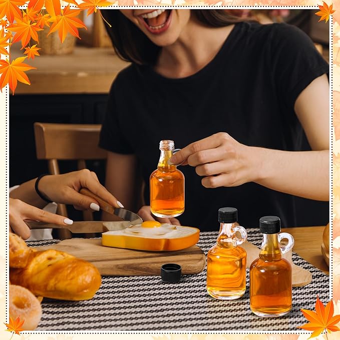 Blushtier 12 Packs 3.4 oz Glass Syrup Bottles with Handle and Black Lids, Mini Maple Syrup Bottles for Party & Wedding Favors Gifts, Honey, Coffee, Juice