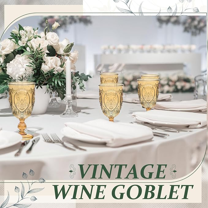 Wiwiqing 24 Pcs Plastic Goblets 7.5oz Vintage Goblet Plastic Wine Glasses Colored Retro Embossed Water Goblets for Wine Bar Juice Baby Shower Wedding Reception Grand Event Party (Amber)