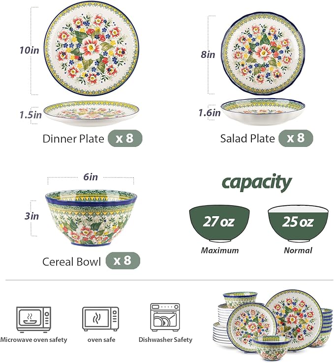 24-Piece Ceramic Dinnerware Set, Service for 8, Bohemian Floral Dish Set, Includes Plates and Bowls Sets, Microwave & Oven & Dishwasher Safe, Vintage Dish Set