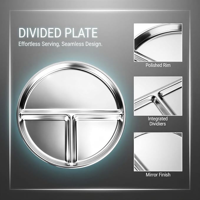 20PCS Stainless Steel Plates and Bowls Sets, Includes 4Set 3 Compartment Plates, Rice Bowls, Cups, Forks, Spoons, 304 Reusable Camping Mess Kits for Home Kitchen, Dorm and Outdoor Picnic (Silver-B)