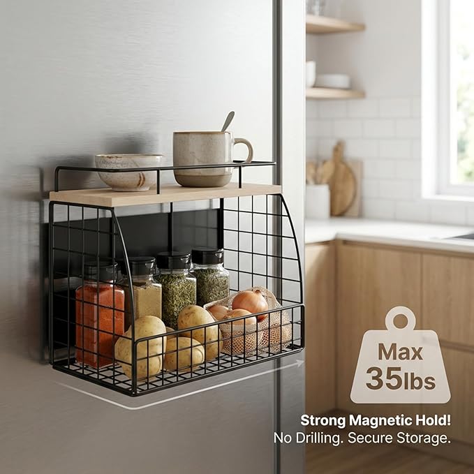 REFGY Magnetic Shelf for Fridge - 35LBS Max Load Magnetic Basket for Refrigerator Side, Large Magnetic Spice Rack with Removable Hooks & Top Natural Texture Board.
