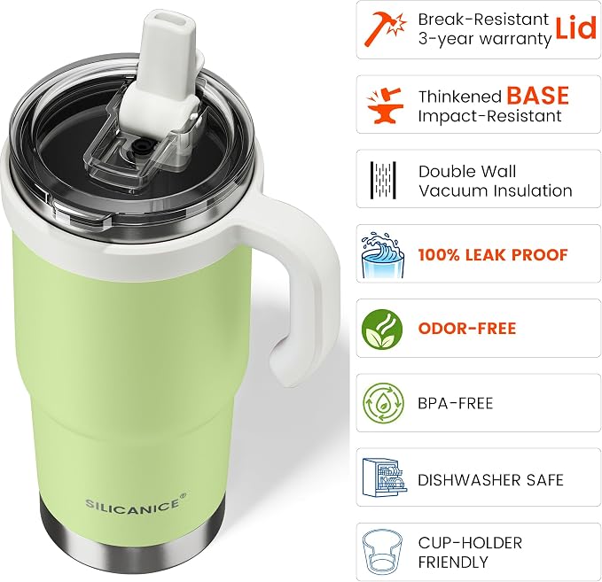 24Oz Insulated Tumbler with Flip Straw Lid - 100% Leakproof, 100% Clean, Vacuum insulated Stainless Steel | BPA-Free, Handle & Cupholder Compatible - 24H Cold, Travel/Gym/Office