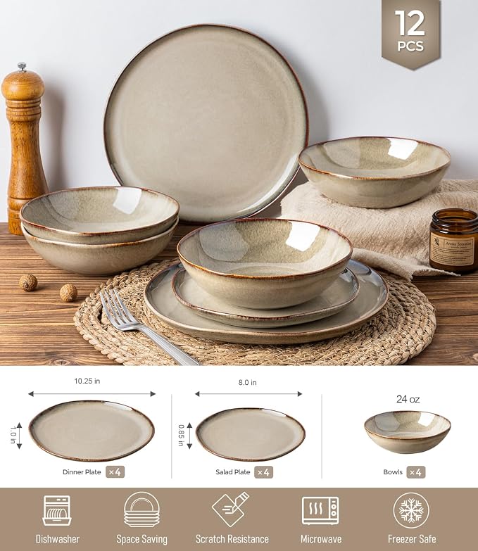 GBHOME Stoneware Dinnerware Sets for 4,12 Pieces Rustic Earthenware Plates and Bowls Set,Handmade Reactive Glaze Ceramic Plate Sets, Chip Resistant Dishes, Microwave & Dishwasher Safe, Smokey Taupe