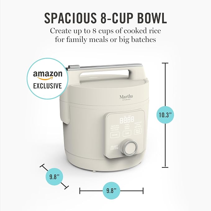 Martha Stewart Rice Cooker, 4 Cup (Uncooked) / 8 Cup (Cooked), Ceramic Non-Stick Removable Pot, Keep Warm, Measure Markings, Steam Basket, Brown & Sushi Rice, Quick Cook, Quinoa, Grains, Oats, Linen Cream