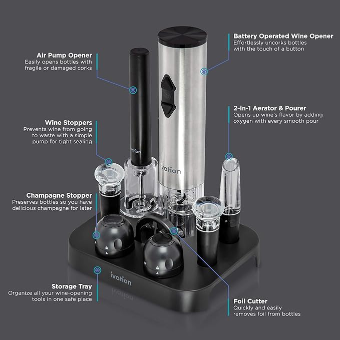 Ivation 9-Piece Wine Set | Electric Opener, Air Pump, Pourer with Aerator, Wine and Champagne Stoppers, Foil Cutter, and Stand.
