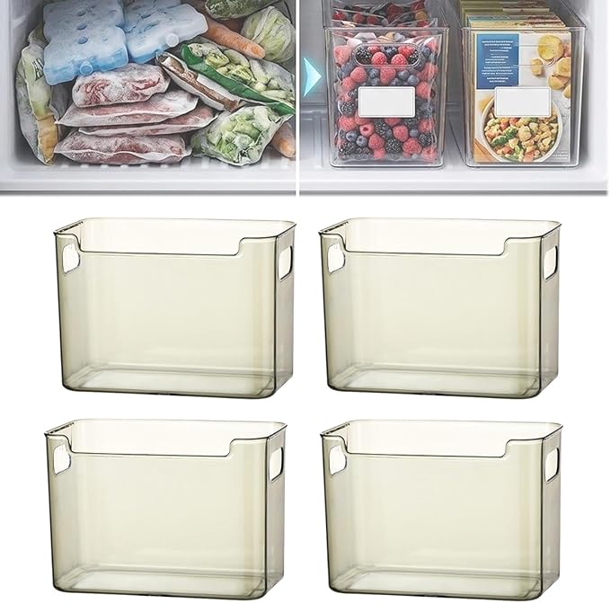 Crystal Clear Freezer Storage Bins, Stackable Fridge Organizer Bins with Handles, Clear Plastic Food Containers for Refrigerator and Pantry, Kitchen Organization for Meat & Veggies (Green*4, Large)