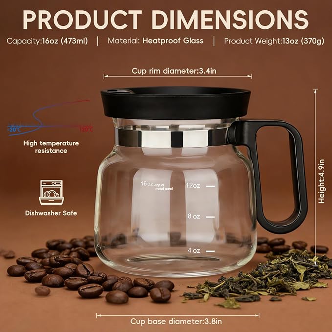 Coffee Pot Mug with Lid,16Oz Mini Glass Coffee Pot Coffee Mug with Spill Proof Lid & Heat Proof, Novelty Coffee Pot Cup for Coffee Lovers Gifts (1PC)