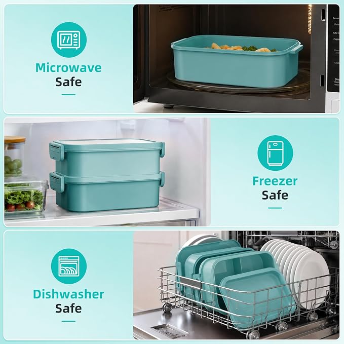 DaCool Adults Lunchbox Bento Box with Lunch Bag- 74 OZ All-in-One Stackable Lunch Box for Adults Kids Leakproof Bento Large Lunch Box Containers with Fork Spoon Sauce Box for Work School (Green)