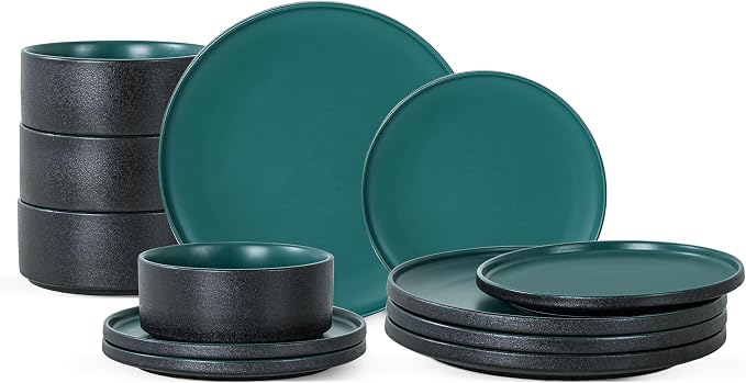 12 Piece Ceramic Plates and Bowls Sets for 4, Modern Green | Stoneware Dinnerware Set, Dishwasher & Microwave Safe, Handcrafted, Perfect for Family and Gatherings