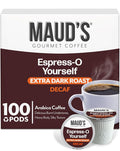 Maud's Decaf Espresso Roast Coffee Pods, 100 ct, Decaffeinated Dark Roast Coffee in Single Serve Pods – 100% Arabica Coffee, Compatible with Keurig K Cups Maker