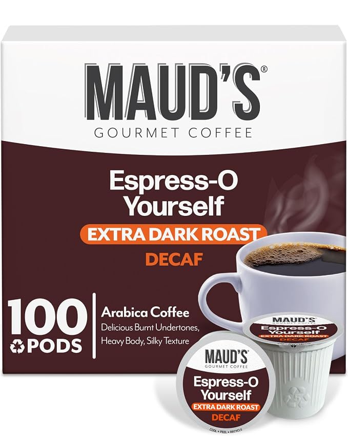 Maud's Decaf Espresso Roast Coffee Pods, 100 ct, Decaffeinated Dark Roast Coffee in Single Serve Pods – 100% Arabica Coffee, Compatible with Keurig K Cups Maker