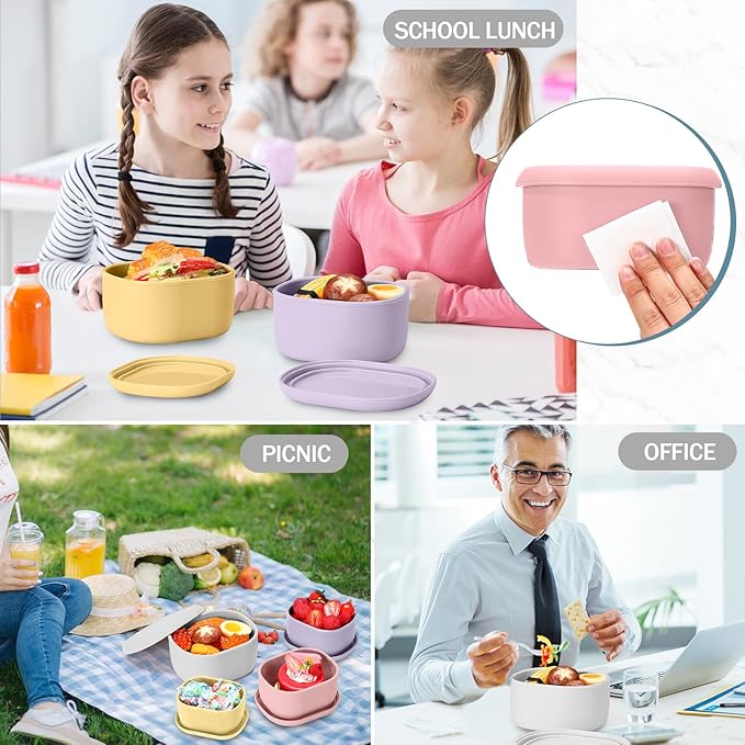 Blushtier 12 Pcs Silicone Food Storage Containers with Lids Reusable Silicone Snack Container 3 Size Lunch Box Bento with Lids Freezer Dishwasher Safe,6.7oz, 10oz, 20oz (Macaroon Color)