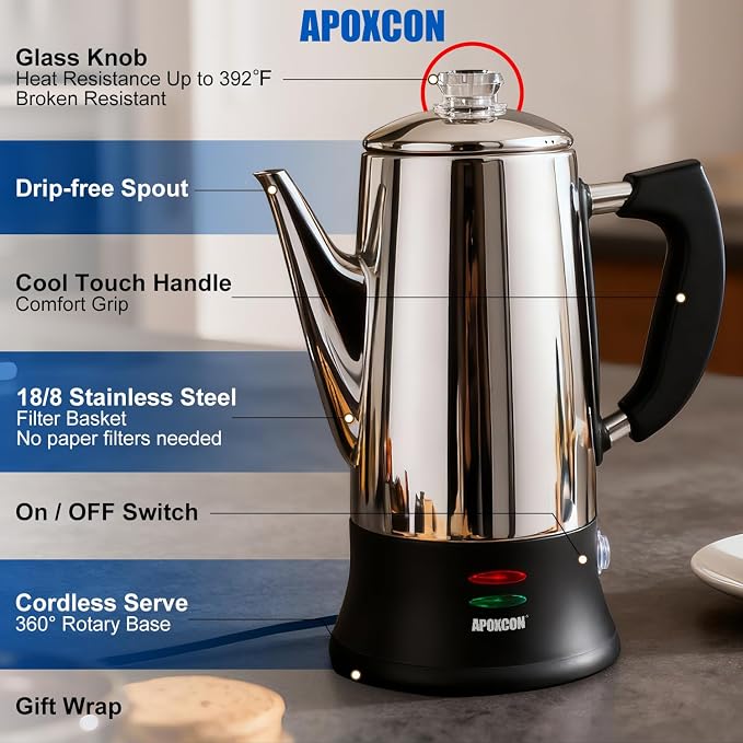 APOXCON Electric Coffee Percolator Stainless Steel Coffee Maker with Clear Brew Progress Tough Glass Knob, Keep Warm & Cordless Serve Classic Coffee Pot - No Aluminum No Plastic Contact (12 Cup)