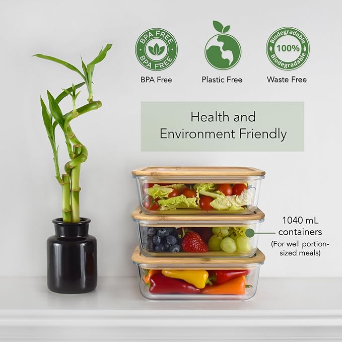 EcoPreps Glass Meal Prep Containers with Bamboo Lids (3 Pack) - 100% Plastic Free, Eco-Friendly Lunch Containers, Bamboo Lid Storage Container Set - Microwave Safe Glass Food Storage Container Set