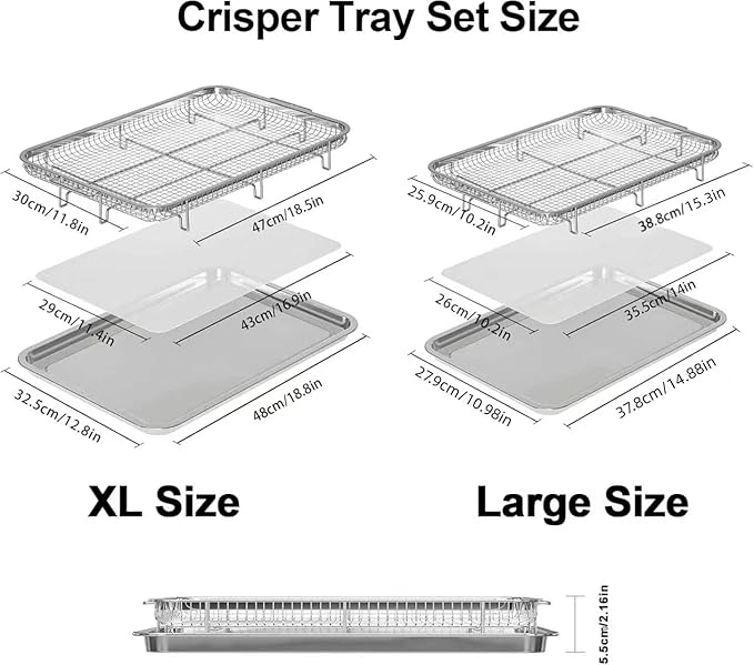 Air Fryer Basket for Oven, 2 Set Air Fryer Pan and Cripy Tray Set with 60 PCS Parchment Papers, THORSES Thickened Stainless Steel NonStick Air Fryer Basket and Pan (18.8"x12.8"&14.88" × 10.98"）