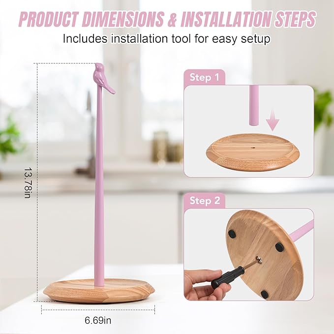 Wooden Paper Towel Holder countertop, Stylish Bird Shaped,Solid Wood Base&Iron Top, with Non-Slip Mat, Stable&Durable,Paper Towel Holder Farmhouse Style to Elevate Your Kitchen's Décor (Pink)