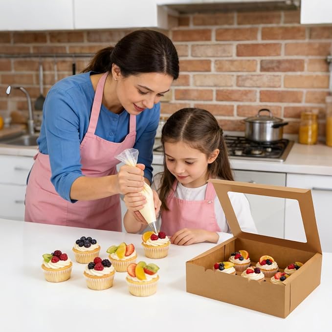 Moretoes 3 Pack Cupcake Boxes, Hold 12 Standard Cupcakes, Cupcake Containers with Window and Inserts,Bakery Supplies for for Cupcakes, Muffins and Pastries(Brown)