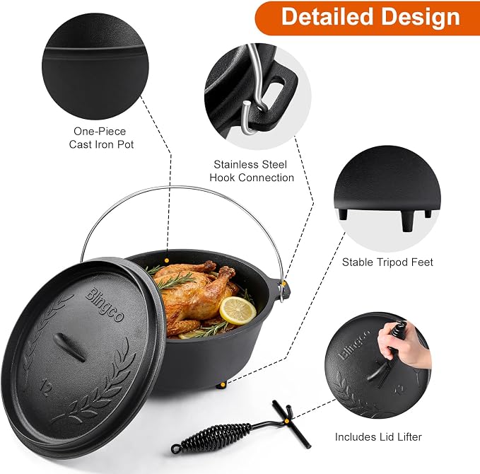 Pre-Seasoned Cast Iron 8QT Camp Dutch Oven with Lid, Large Camping Dutch Oven Pot, incl. Lid Lifter - Dual Handles - for Outdoor Campfire, Grill, Oven & Stovetop Cooking-Black