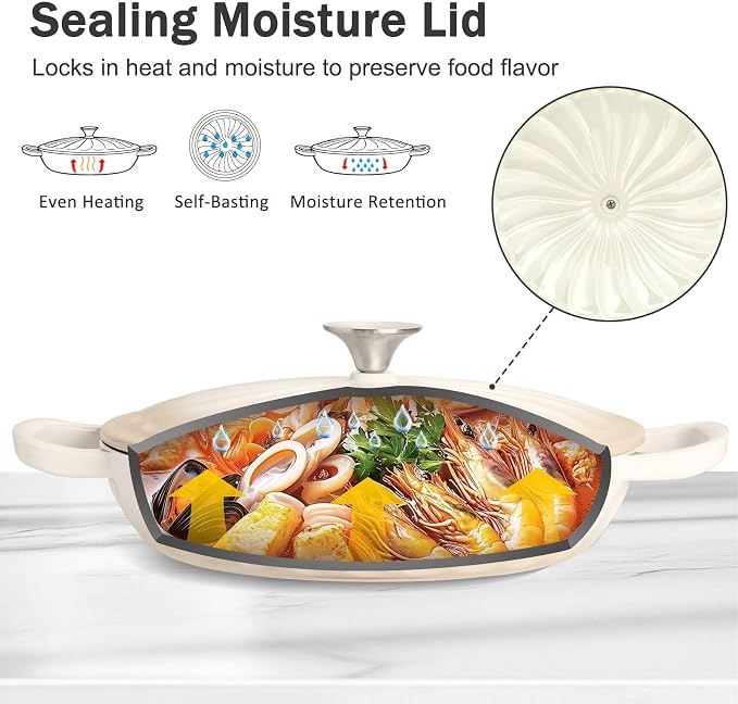 Enameled Cast Iron Dutch Oven, 3.8 Quart Dutch Oven Pot with Lid, Shallow Cast Iron Braiser with Handles, Oven Safe up to 500°F (Caramel White)