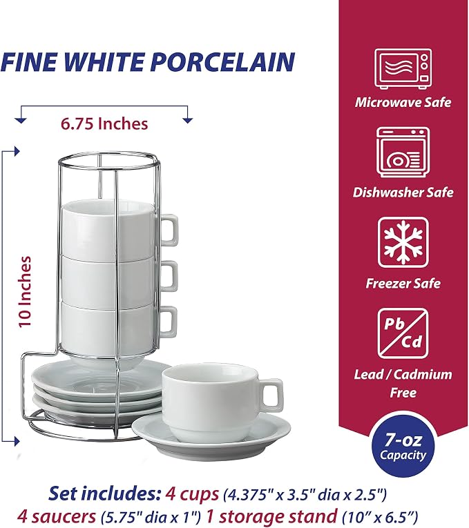 HIC Kitchen Stackable Cappuccino Mug Set, Fine Porcelain, 9-Piece Set, 7-Ounce Service for 4 Plus Storage Stand