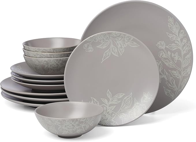 Oneida 897506 Roseto 12-Piece Dinnerware Set, Pumice, Grey