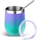 Volhoply 12oz Stainless Steel Wine Tumbler with Lid and Straw,Double Wall Vacuum Insulated Stemless Wine Glasses,Reusable Travel Coffe Mug for Cold Drinks,Tumblers Gifts for Women（Purple Green,1 Set）