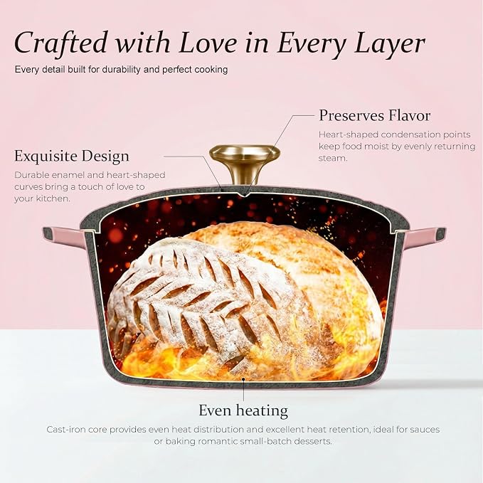 Overmont Heart-Shaped Enameled Cast Iron Dutch Oven, 2QT Pink Mini Pot with Lid for Cozy Meals, Soups & Small Batch Baking, Cute Kitchen Cookware Gift for Wedding, Housewarming & Birthday