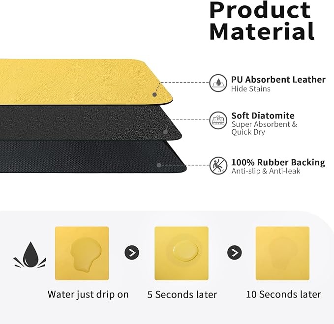 HotLive Dish Drying Mat for Kitchen Counter, Heat Resistant Drainer Mats with Non-slip Rubber Backed, Hide Stain Kitchen Super Absorbent Draining Mat, Easy to Clean Dish Rack Pad, Yellow 18"x32"