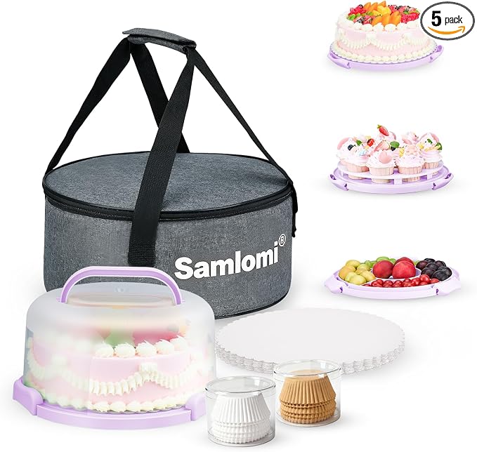 Cake Container, Cake Carrier with Lid, Bpa-Free Cake Holder with Lid for 10 Inch Round Cake Carrier with 10 pcs Round Golden Cake Boards and Portable Insulated Bag & Two Boxes of Cupcake Paper Liners