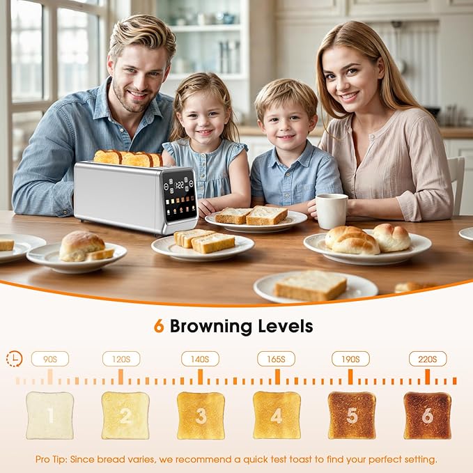 4 Slice Long Slot Toaster with Digital Touchscreen, 6 Shade Settings with Countdown Timer, Wide 1.5" Slots for Thick Bread & Bagels, Defrost, Reheat & Single-Slice Modes for Family Breakfast