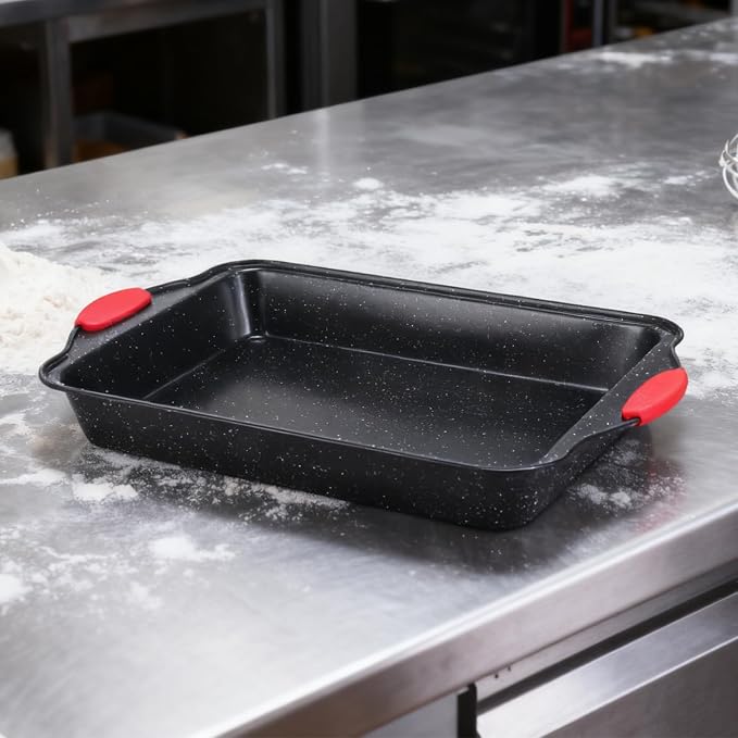 Anveena 3-Piece Nonstick Kitchen Oven Baking Pans - Premium & Stylish Non-Stick Steel, Commercial Grade Restaurant Quality Metal Bakeware with Red Silicone Handles - Easy to Clean black
