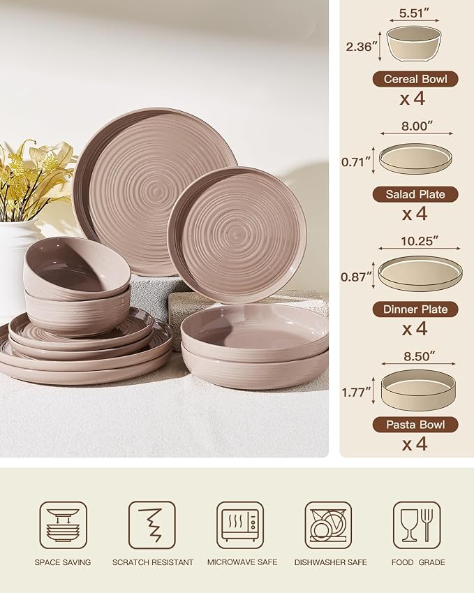24-Piece Stoneware Dinnerware Sets for 6 with Pasta Bowls – Speckled Glaze with Spiral Design, Coupe Plates and Bowls - Chip & Scratch Resistant, Microwave & Dishwasher Safe, Brown