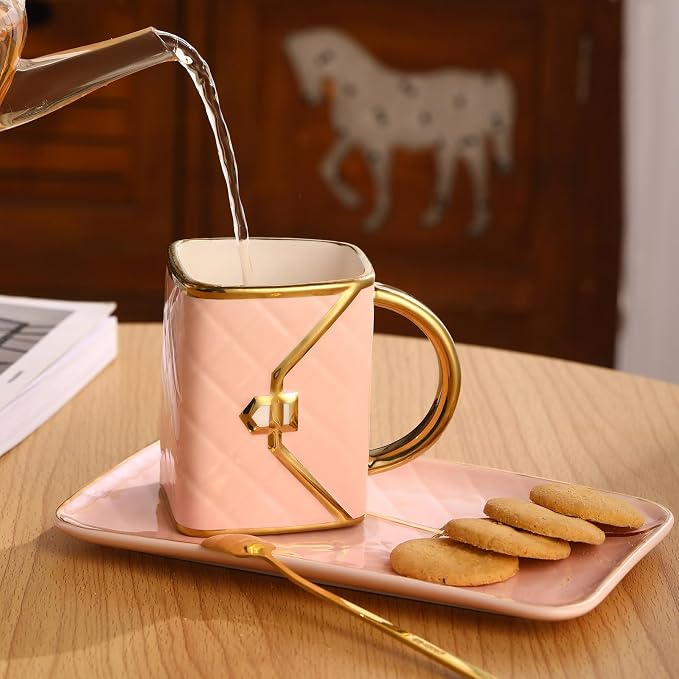 Handbag Shaped Mug, Handbag Coffee Mug And Saucer, Purse Coffee Ceramic Mug Set 10 Oz/ 310 ml Cute Creative Design Travel Tea Cup for Women Thanksgiving