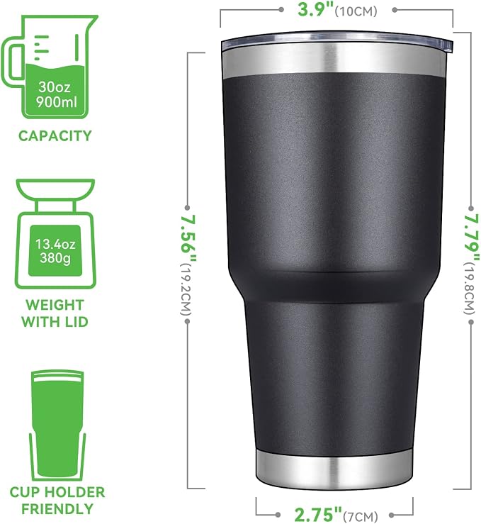 DOMICARE 30 oz Tumbler with Lid and Straw, Stainless Steel Tumblers Bulk, Insulated Vacuum Double Wall Travel Coffee Mug, Durable Powder Coated Tumbler Cups (Black, 4)