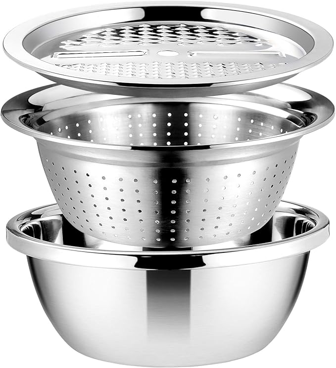 Stainless Steel Grater with Drain Basket 3-in-1 Multipurpose Vegetable Cutter Salad Bowl Kitchen Strainer and Shredder 10.2 Inch