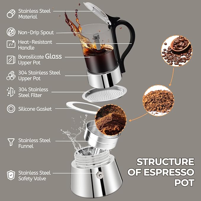 Clear Glass Moka Pot 4 Cup 220ml Stainless Steel Coffee Maker Uncoated Stovetop Espresso Coffeemaker Italian Classic Style Brewing Greca Cafe Mocha Machine for Cafeteras Camping Travel Home