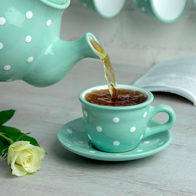 City to Cottage Handmade Teal Blue and White Polka Dot Ceramic 8.4oz/250ml | Cappuccino, Coffee, Tea Cup and Saucer, Unique Designer Pottery Gift for Tea Lovers