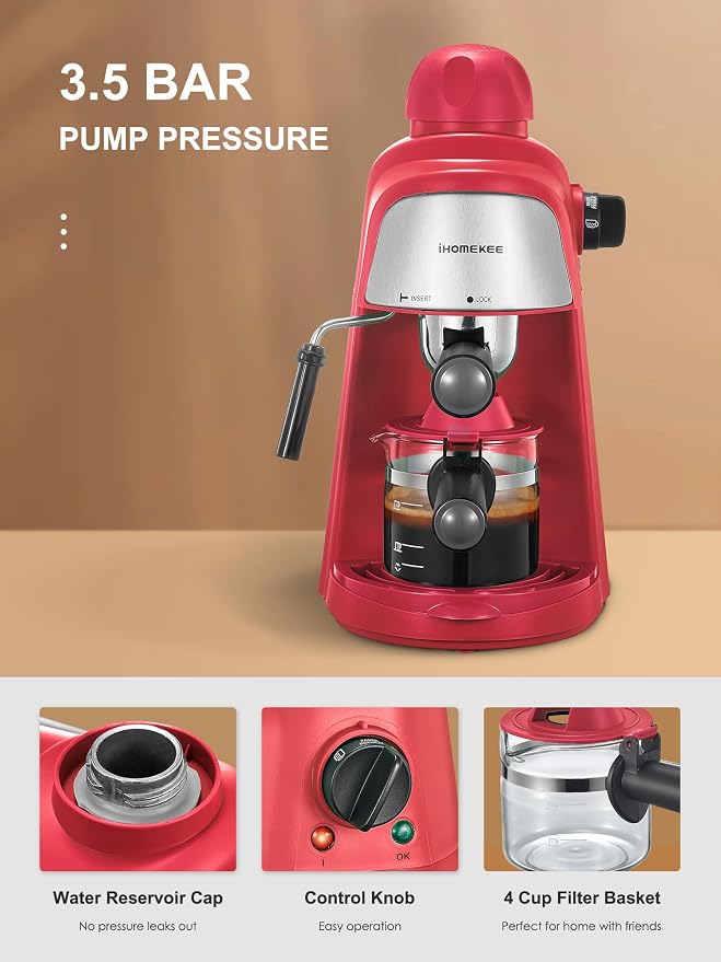 Ihomekee Espresso Machine, 3.5Bar Espresso and Cappuccino Machine with Preheating Function, 4 Cup Coffee Maker with Milk Frothing Function and Steam Wand (Red), CM6810
