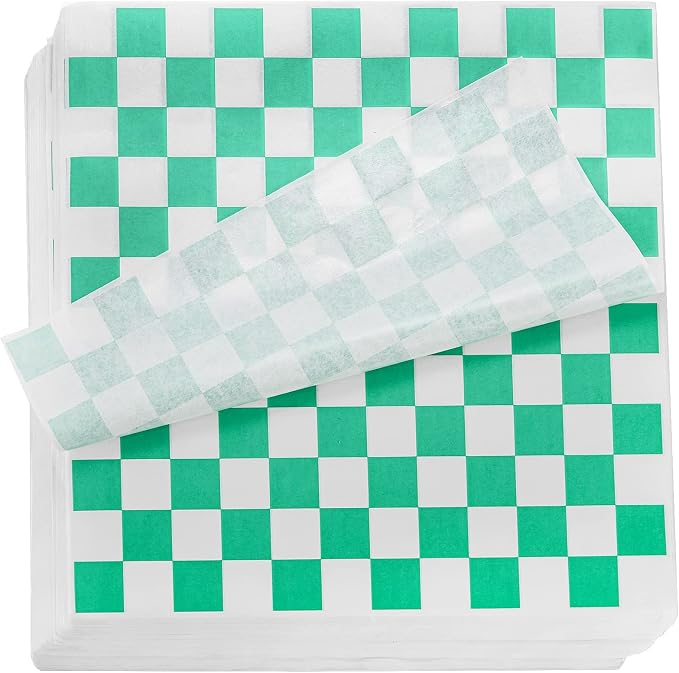 Fasmov 1000 Sheets 12 x 12 inches Sandwich Paper Deli Basket Liner Wrap Food Basket Liners Wrapping Checkered Sheets, Green & White