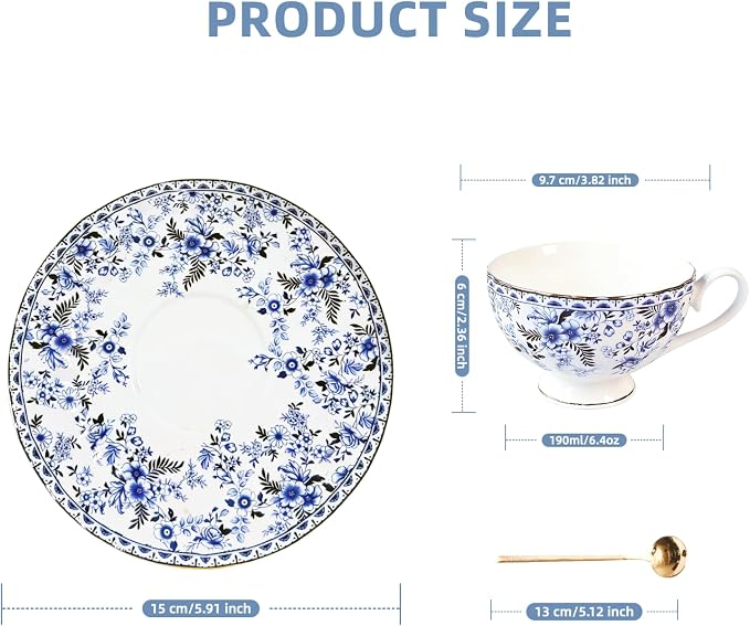 Vintage Floral Porcelain Tea Cup and Saucer Set with Gold Trim, Classic Blue Pattern, 6 oz Capacity