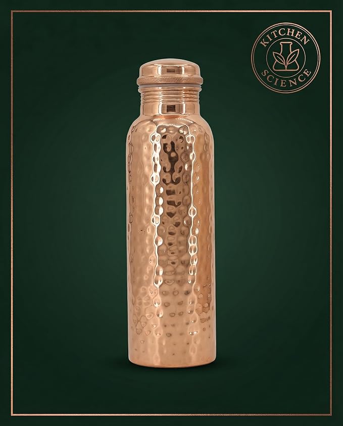 Kitchen Science -Authentic 34oz/1000ml Copper Water Bottle with Tumbler and Leather Sleeves – Leak-Proof, Lab-Tested
