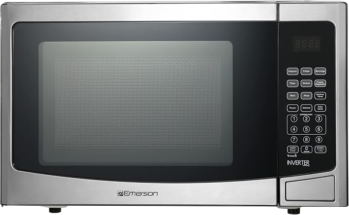 Emerson 1.2 Cu. Ft. Microwave Oven with Inverter, Timer & LED Display, 1000W, 10 Power Levels, 8 Pre-Programmed Settings, Removable Glass Turntable with Child Safe Lock, MWI1212SS, Stainless Steel