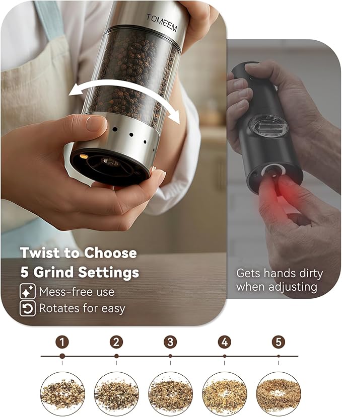TOMEEM Rechargeable Electric Salt and Pepper Grinder Set, 115ml Large Capacity Stainless Steel Automatic Pepper Mill with Storage Base, LED Display and Light, 5 Adjustable Grind Settings