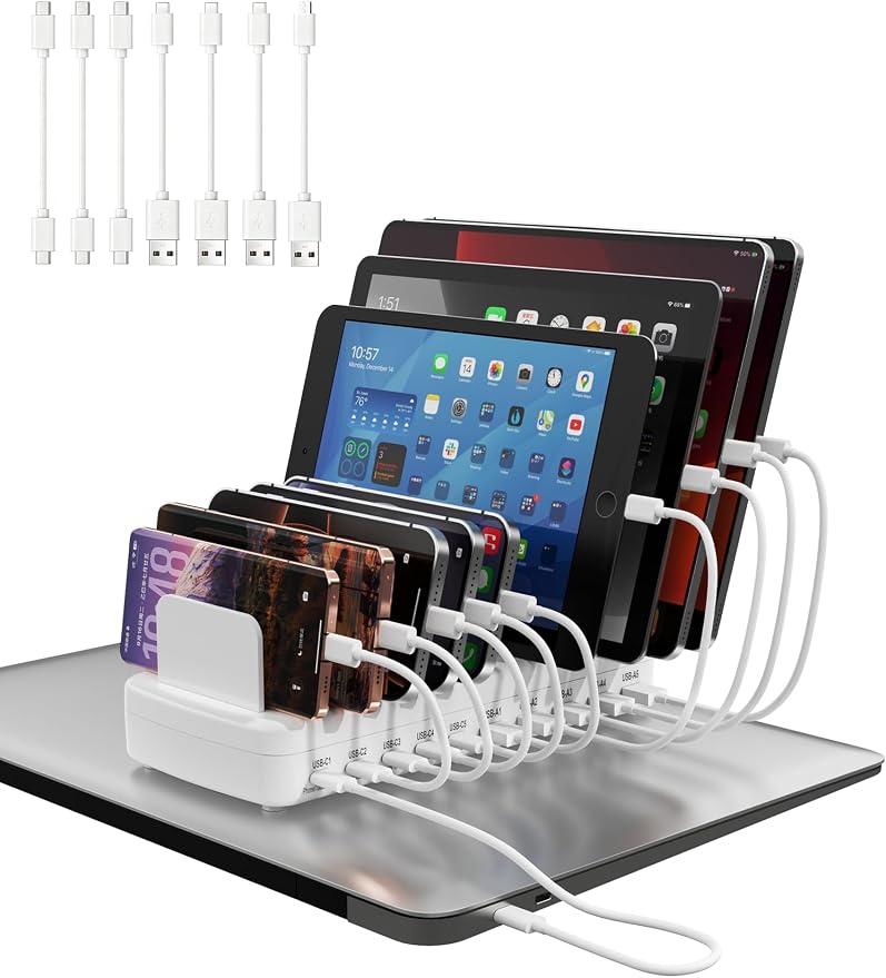 320W Charging Station for Multiple Devices, 10-Port USB Fast Charging Dock Adjustable Dividers & 8 Cables, 65W Laptop Port, Fireproof & Anti-Slip for Office Home Gamers