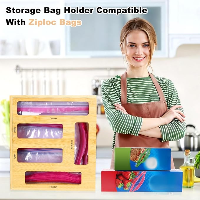 Bag Storage Organizer Compatible with Ziploc Gallon, Quart, Sandwich & Snack Sized Slider Bags,Bamboo Organizer For Drawer(13.7"L*11.8H"*3.1W")