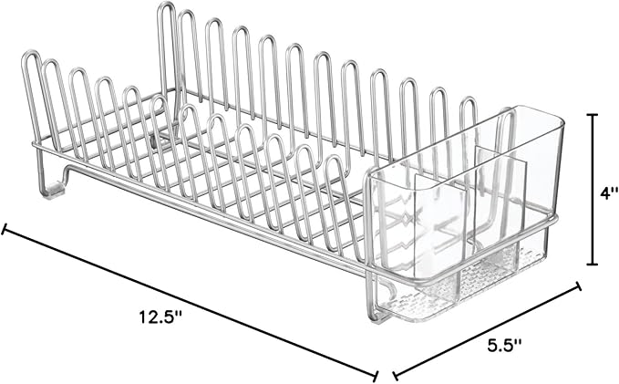mDesign Kitchen Sink Dish Drainer – Small Metal and Plastic Dish Rack for Kitchen Sink – Ideal for Plates and Cutlery Basket – Chrome/Clear