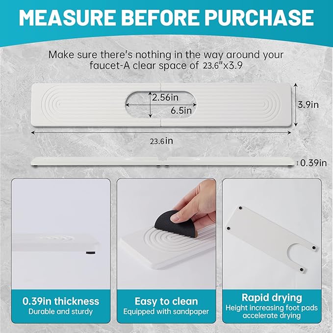 Stone Faucet Mat for Kitchen Sink with Oval Hole – 23.6" × 3.9" Diatomite Drying Stone Mat & Sink Protector, Quick-Dry Splash Guard Water-Absorbing Tray for Bathroom Counter（White.23.6 x 3.9）