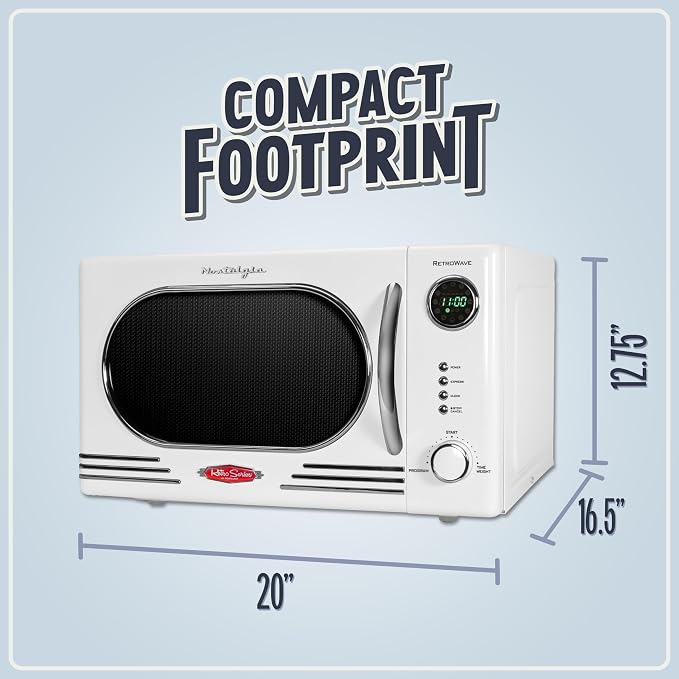 Nostalgia NRMO11WH6A 1000 Watt Power Retro Countertop Microwave Oven Easy to Clean with Removable Glass Turntable-Child Safety Lock-12 Programs-Digital Clock, 1.1 Cu Ft, White