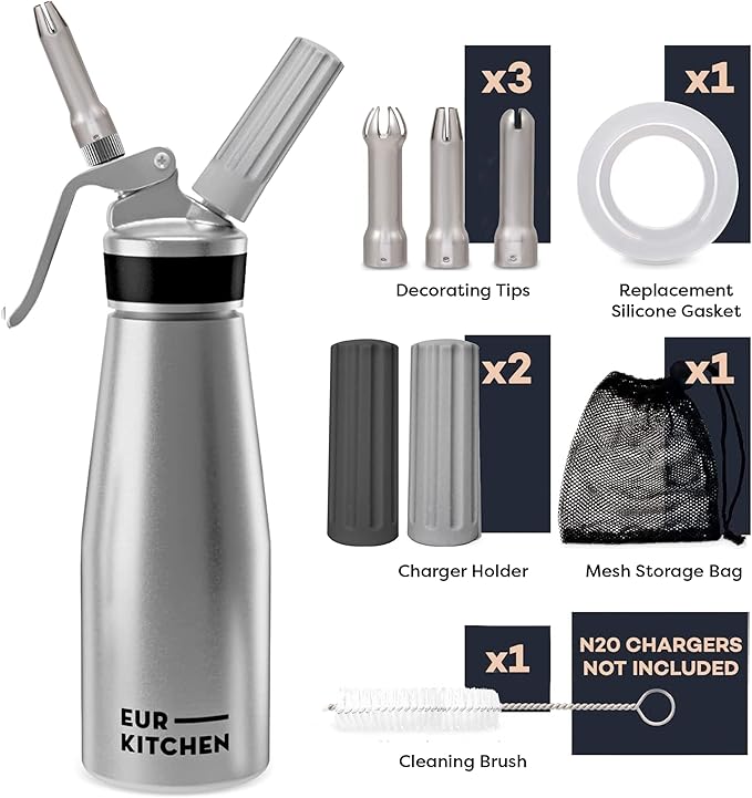 EurKitchen Professional Aluminum Whipped Cream Dispenser - Leak-Free Whip Cream Maker Canister with 3 Decorating Nozzles & Cleaning Brush - 1-Pint / 500 mL Cream Whipper - N2O Chargers (Not Included)